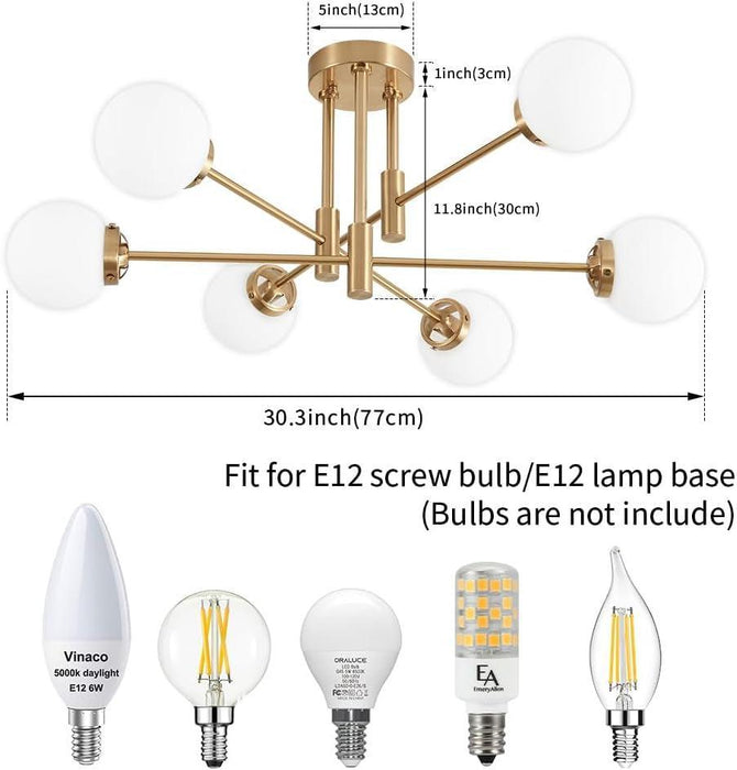 Gold Sputnik Chandelier, Modern Globe Chandelier Light Fixture with Glass Globe Shade, Mid Century Ceiling Light 6-Light for Living Room Dining Room