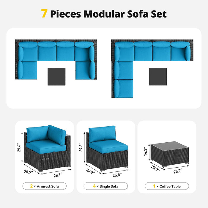 Patio Furniture Set, 7 Piece Outdoor Sectional Sofas with Waterproof Cover, Wicker Rattan Outdoor Furniture Patio Conversation Set for Backyard, Garden Peacock Blue