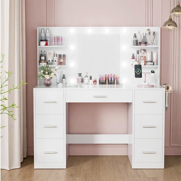 Vanity Desk with Mirror, Power Outlet and 10 Lights, Makeup Table with 7 Drawers, 3 Color Modes Available for Bedroom, Light White