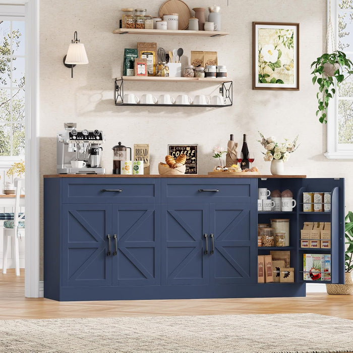 71” Large Sideboard Buffet Cabinet, Farmhouse Coffee Bar Cabinet (Blue)