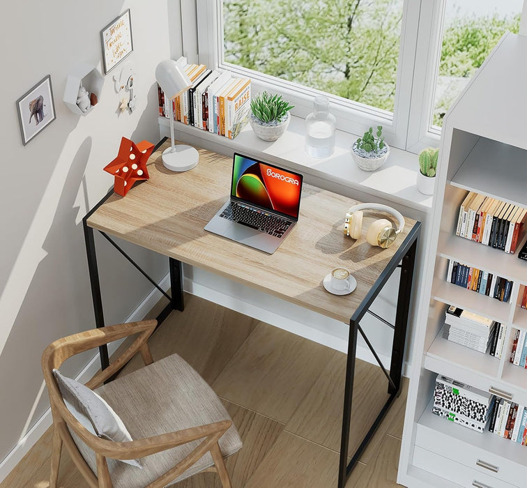 Small Folding Desk 31.5 Inch No Assembly Required Computer Desks, Spaces Saving Foldable Table for Bedroom, Home Office, Dorm, Apartment, Kids, Beech