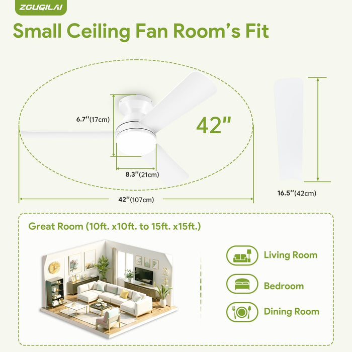 42" White Ceiling Fans with Lights and Remote, Low Profile Ceiling Fan with Light, Reversible DC Motors, 3CCT Dimmable Timer Noiseless, Flush Mount Ceiling Fan for Bedroom/Living Room