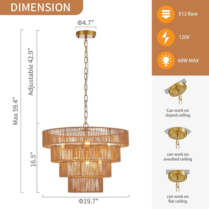 Gold Rattan Chandelier NineteenPointSeven Inch BohoChic