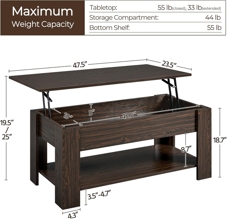 Lift Top Coffee Table with Hidden Compartment and Storage Shelf, Rising Tabletop Dining Table for Living Room Reception Room, 47.5In L, Espresso