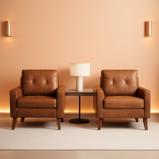 Brown Accent Chairs Set of 2, Faux Leather Tufted Single Sofa Oversized Club Chair Armchair, Mid Century Modern Armchair with Wood Legs for Reading/Living Room/Bedroom