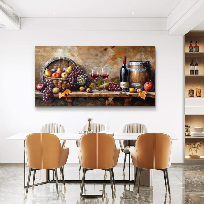 Kitchen Wall Art Grape Barrel Painting Red Wine Glass Fruit Artwork Prints for Dinning Room Bar Canvas Wall Decor for Living Room Food Still Life Abstract Picture Home Decoration 20X40In