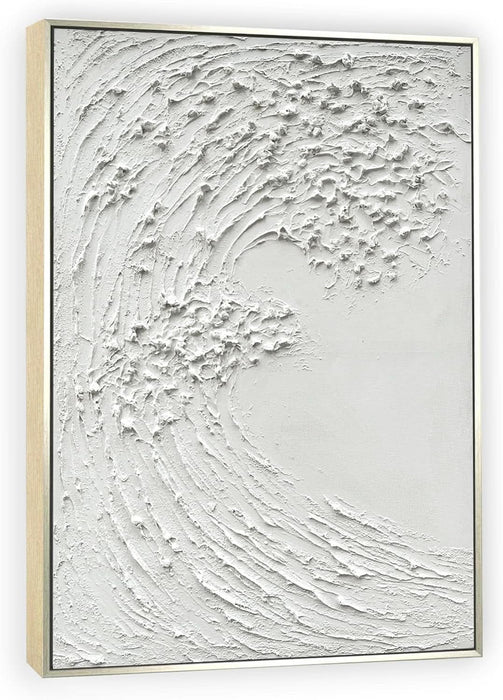 White Textured Wall Art - Hand Painted Ocean Waves Oil Painting Framed Large Minimalist Canvas Artwork for Living Room 45X30 Vertical Wall Decor