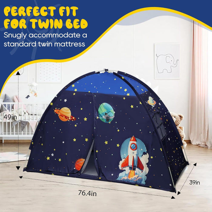 Twin Bed Tent Canopy, Space Indoor Blackout Privacy Toddler Bed Tent for Kids with Light, Portable Sleeping Floor Kids Playhouse (Blue)