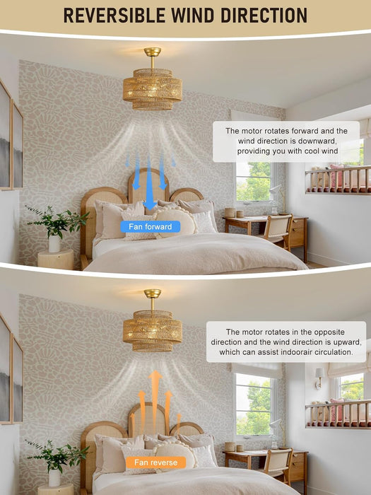 20 Inch Boho Rattan Fandelier Ceiling Fans with Lights and Remote Control