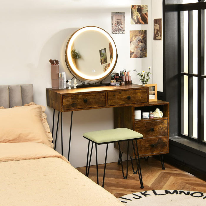 Vanity Desk with Reversible Side Cabinet, Makeup Vanity Table with Lighted Mirror, 3 Color Lights, 4 Drawers, Bedroom Dressing Table with Nightstand and Stool, Rustic Brown