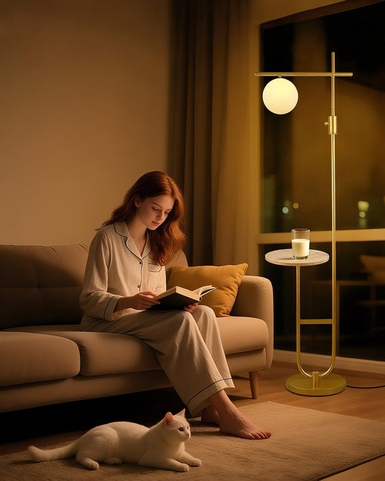 66IN Gold Dimmable Floor Lamps with Storage Table, Modern Standing Tall Lamp with Milky White Globe Lampshade, Cross-Shaped Lamp Head and U-Pole Base Style for Living Room/Bedroom/Office