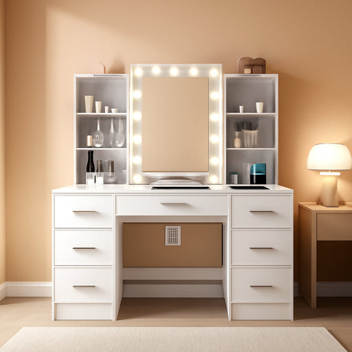 Vanity Desk with Mirror and Lights, Power Outlet, Makeup Vanity with 7 Drawers and 6 Shelves, Dressing Vanity Table Vanity Set for Bedroom, White