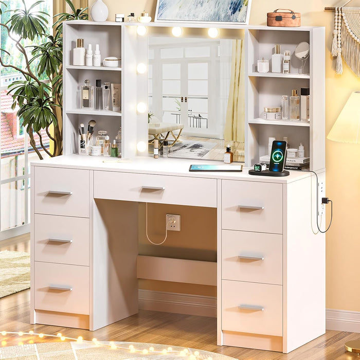 Vanity Desk with Mirror and Lights, Power Outlet, Makeup Vanity with 7 Drawers and 6 Shelves, Dressing Vanity Table Vanity Set for Bedroom, White