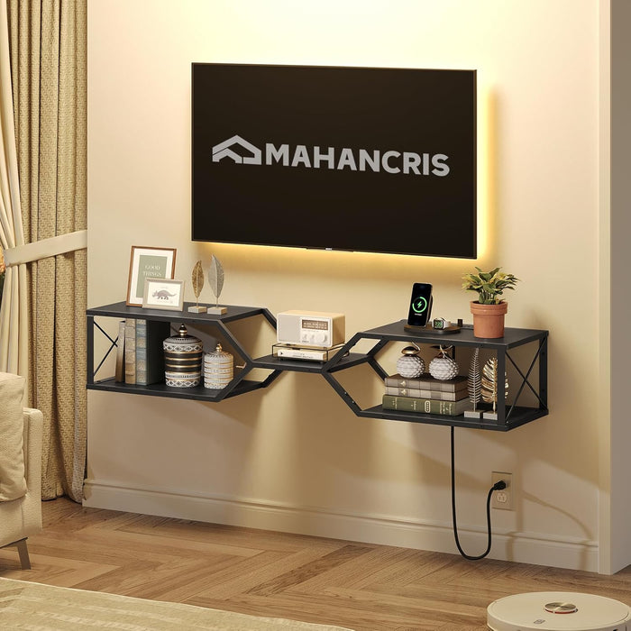 Floating TV Stand with Power Outlet, Wall-Mounted TV Shelf with X-Shaped Frame, Floating Entertainment Center with Storage, for Living Room, Bedroom, Black TVBK301E01