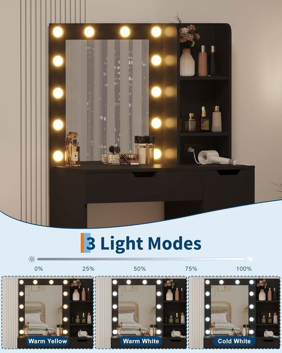 Vanity Desk with Mirror and Lights - Makeup Vanity Desk with 4 Drawers, Built-In Power Outlet & USB, Adjustable LED Lighting, Makeup Table for Bedroom