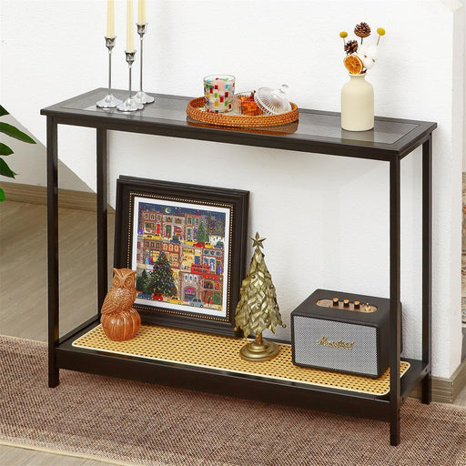Bamboo Narrow Console Table, 39.4"(L) Wood Small Entryway Table with Rattan and Glass, Accent Slim Hallway Tables, Thin Sofa Side Tables for Hallway, Living Room, Bedroom, Foyer, Black