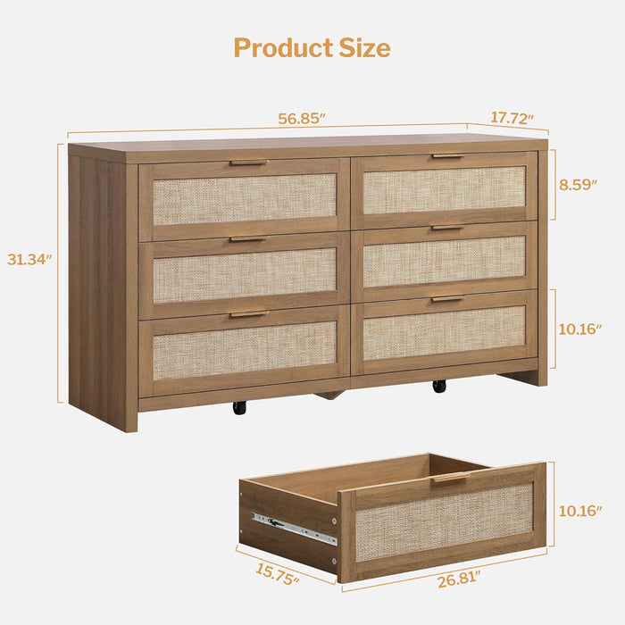Rattan Dresser for Bedroom, 56.9" Wide 6 Drawer Dresser with Ample Storage, Dressers Large Chest of Drawers, Closet, Boho TV Stand for Bedroom (Reclaimed Caramel Oak, 1 Piece)