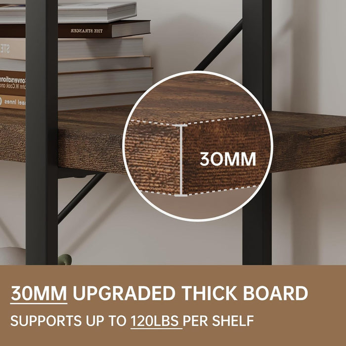 Heavy Duty 4-Tier Industrial Bookcase, 47" Wide Wood Bookshelf for Home Office, 120Lbs Shelf Capacity, Rustic Open Shelving Display with Reinforced Horizontal Shelf for Living Room Bedroom