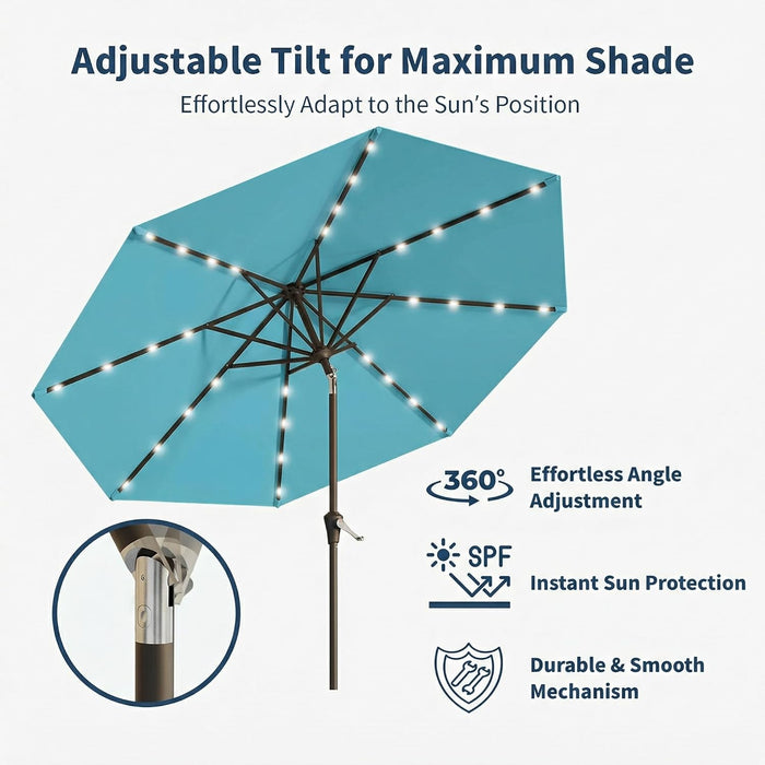 9FT Solar Umbrella 32 LED Lighted Patio Umbrella Table Market Umbrella W/Tilt and Crank, Uv-Resistant Outdoor Umbrella for Pool, Garden, Deck, Sky Blue