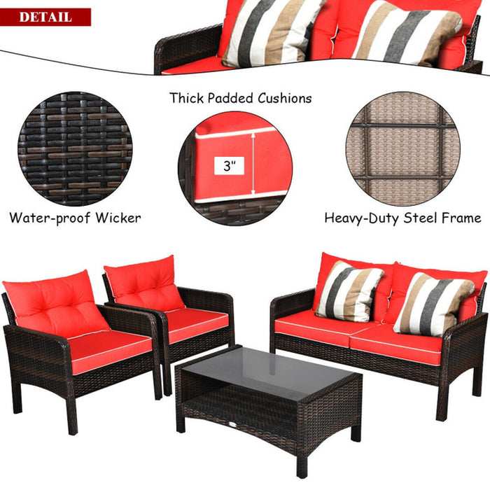 4 Pieces Patio Rattan Sofa Set Free-Combination with Cushion and Coffee Table