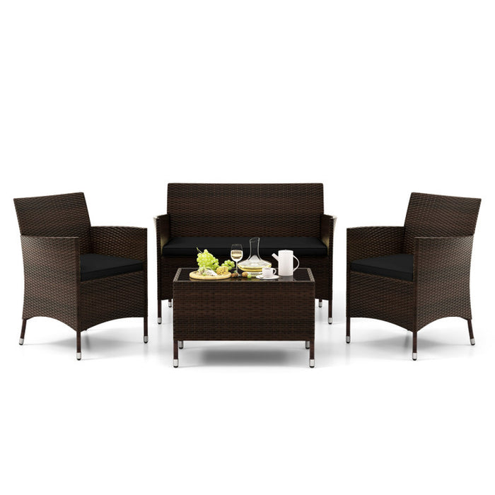 4 Pieces Comfortable Mix Brown Outdoor Rattan Sofa Set with Glass Coffee Table