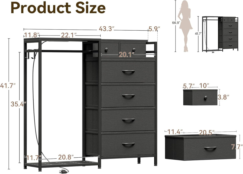 Black All-In-One Dresser With Clothes Rack Storage