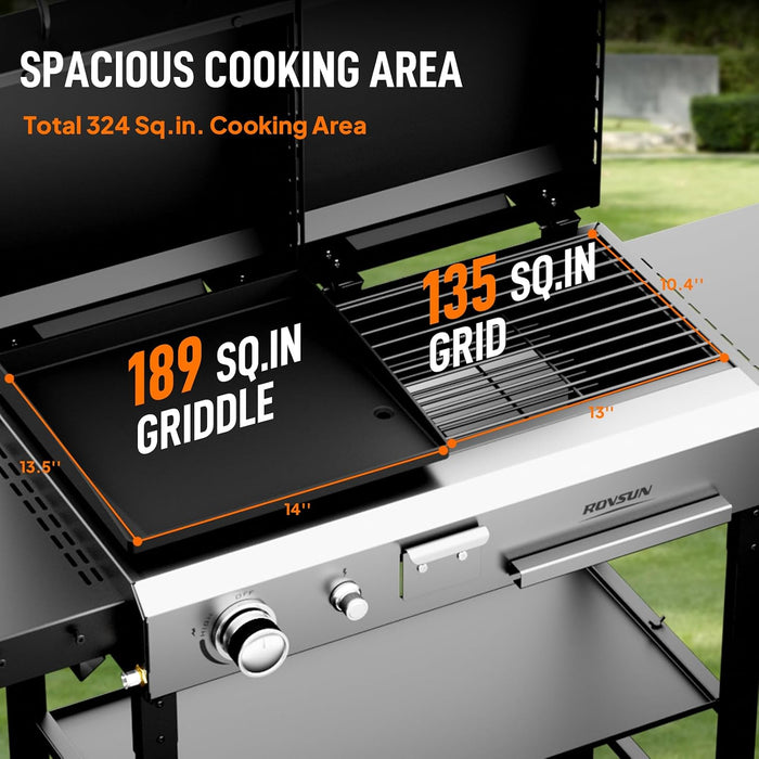 2-In-1 Propane Gas Grill and Charcoal Grill Combo with Lid, 12000BTU Flat Top Griddle & Charcoal BBQ Grill with Electronic Ignition, Enamel Griddle & Grate for Outdoor Backyard Cooking Barbecue
