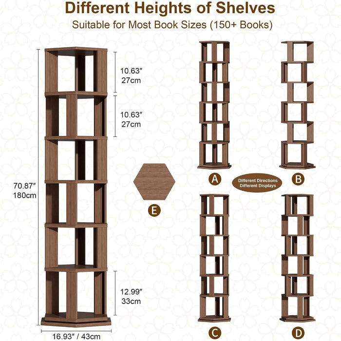 Rotating Bookshelf Tower, 6 Tier Solid Wood Spinning Rolling Book Shelf | Narrow Revolving Bookcase, Vertical Bookshelves for Corner Small Spaces, Bedroom, Living Room, Walnut