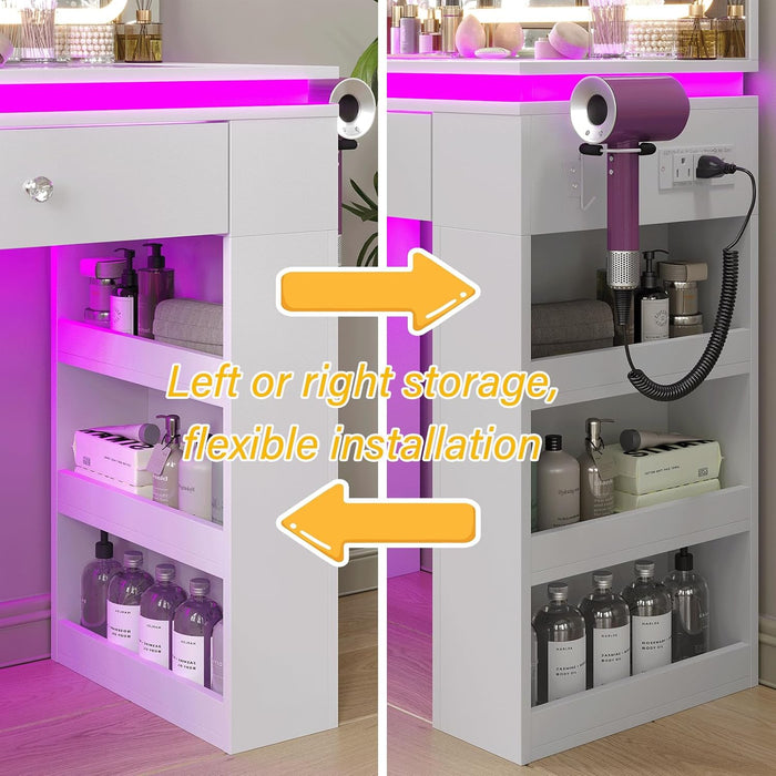 White Vanity Desk with Illuminated Mirror & Power Outlet, Bedroom Dresser LED Mirror Stepless Dimmable & 3 Color Modes Adjustable RGB Drawers, for Women Girls Bedroom, Pure White