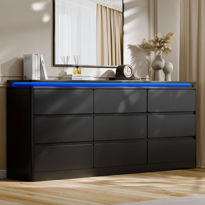 9 Drawer Dresser for Bedroom, 63" Long Black Chest of Drawers W/Led Lights