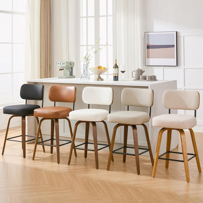 Swivel Bar Stools Set of 3, 26" Counter Height, Beige Grey | Walnut Wood Legs, Upholstered Seat, Supportive Backrest, Easy-Clean Faux Leather, Mid-Century Modern, 4-Inch Cushion