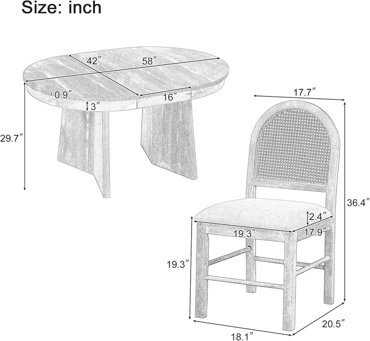5-Piece Retro Functional Dining Set, Solid Wood Extendable Dining Table with 4 Upholstered Chairs and Rattan Backrests, round Dining Table Set for Dining Room Kitchen (Natural-7.7)