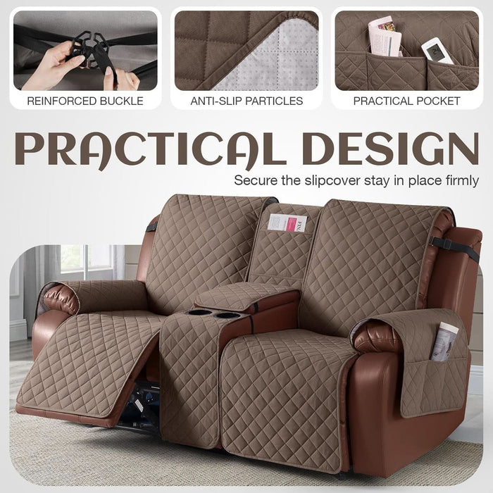100% Waterproof Recliner Loveseat Cover with Console, Non-Slip Reclining Couch Covers for 2 Seat, Recliner Sofa Cover Furniture Protector with Elastic Straps for Kids, Pets, Brown
