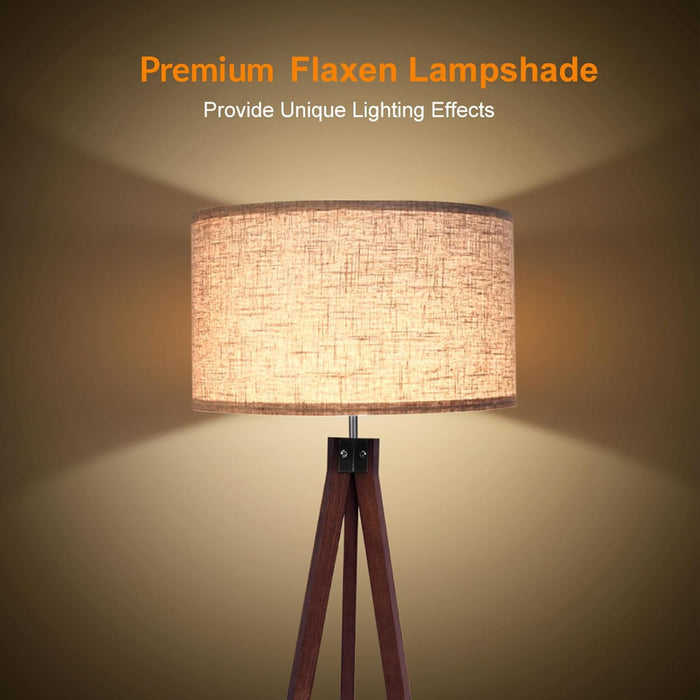 Wood Tripod Floor Lamp, Mid Century Standing Lamp, Modern Design Studying Light for Living Room, Bedroom, Study Room and Office, Flaxen Lamp Shade with E26 Base Dark Brown