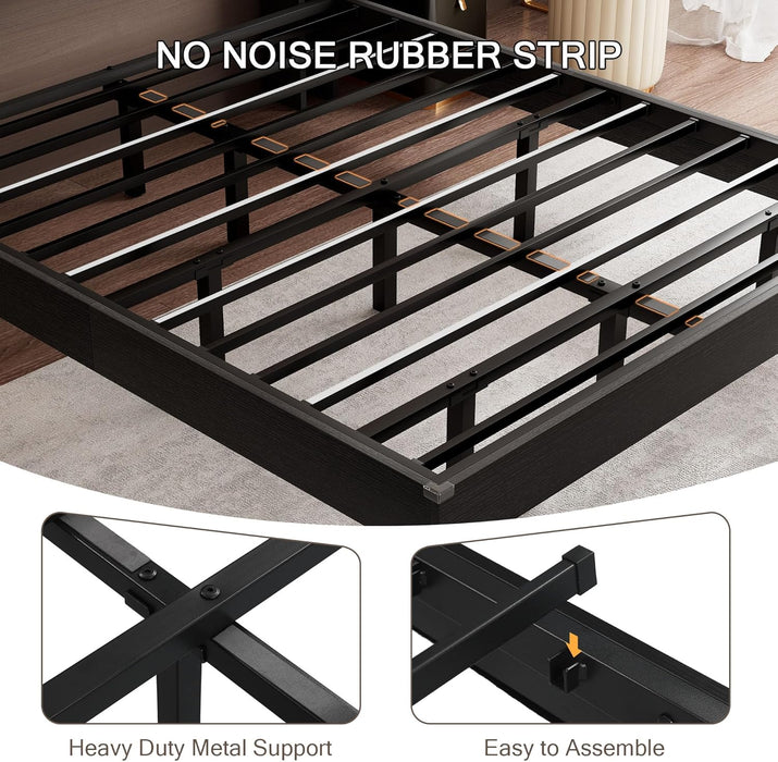 King Size Bed Frame with LED Lights & Charging Station – Wood Floating Bed Frame with Storage Headboard, Adhesive Slats, Kick-Free & Noise-Free Design, Easy Assembly, Black