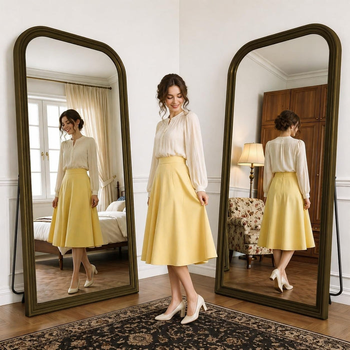 Full Length Mirror with Stand, 71"X32" Full Body Mirror, Floor Length Mirrors Wall Mounted with Rounded Top, Large Standing Mirrors, PU Frame, for Bedroom Living Room Cloakroom, Antique Bronze