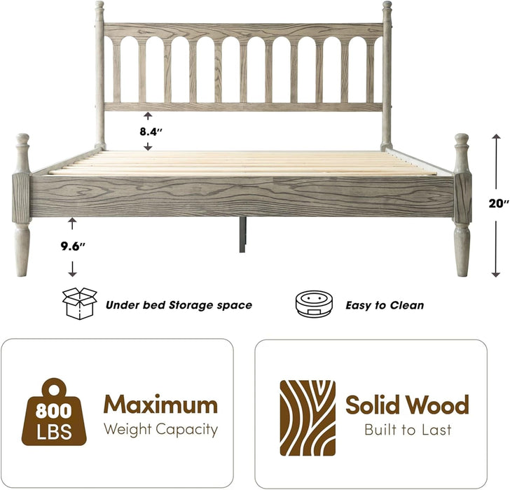 Queen Size Bed Frame, Solid Wood Platform Bed with Headboard & Footboard, Central Metal Legs, 12 Sturdy Slatted Base, Anti-Noise & Slip-Free, No Box Spring Needed, Weathered Gray Oak Finish WCQ-34