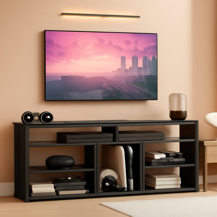 TV Stand for 70 Inch TV, Tall Entertainment Center with 2 Led Lights, Gaming TV Console with Storage for PS5, Modern TV Cabinet for Bedroom, Living Room, Black Carbon Fiber