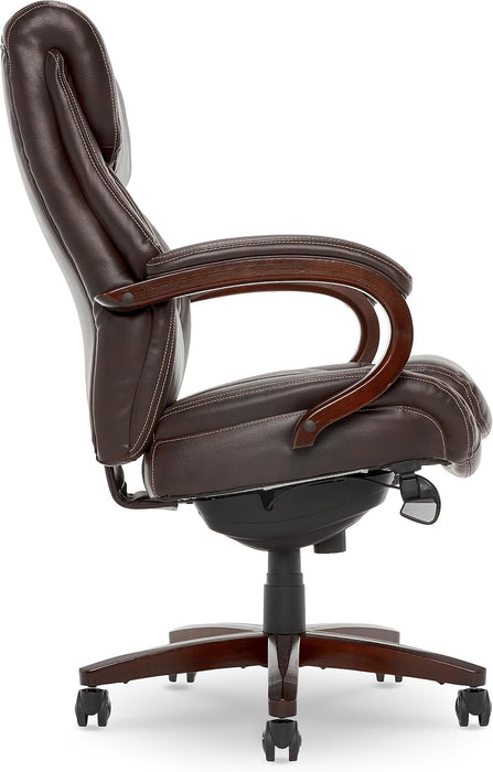 Bellamy Executive Office Chair with Memory Foam Cushions, Solid Wood Arms and Base, Waterfall Seat Edge, Bonded Leather, Brown
