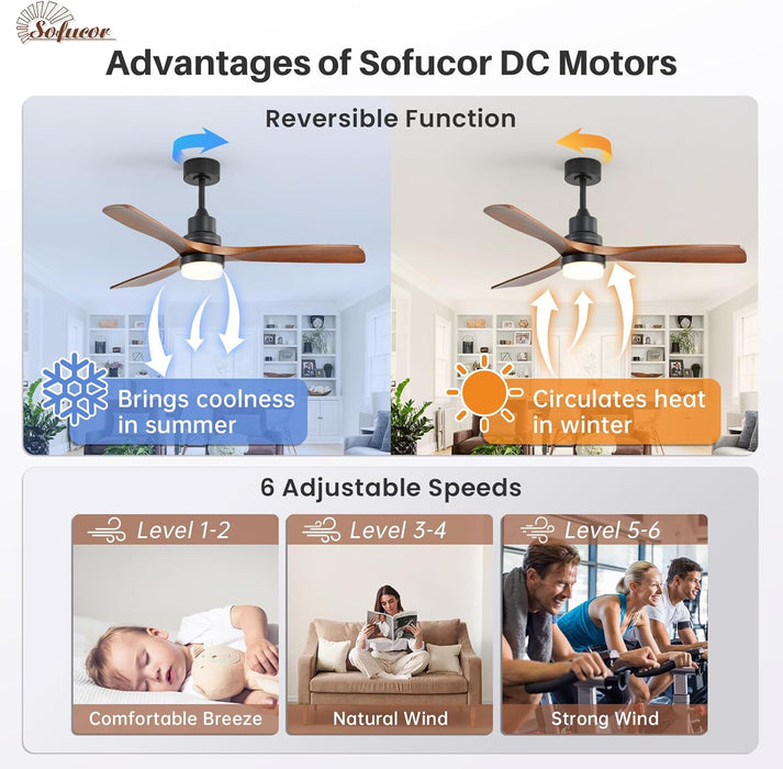 52 Inch Solid Wood Ceiling Fans with Lights, Low Profile Ceiling Fan with Light and Remote, 3 Downrod, Reversible DC Motor, Indoor/Outdoor 3 Blade Ceiling Fan Light for Bedroom Farmhouse Patio