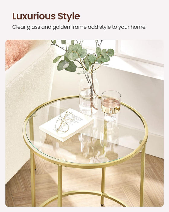 round Side Table, Glass End Table with Metal Frame, Gold Coffee Table with Modern Style, for Living Room, Balcony, Bedroom, Gold Color