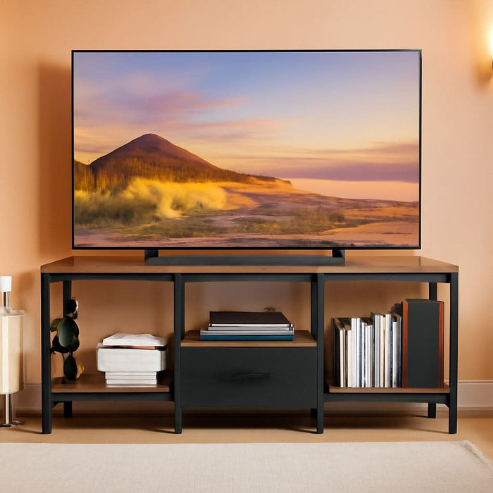 47" TV Stand with Open Storage Shelves up to 55 Inch Tvs, Entertainment Center with Fabric Drawers, TV Console Table with Soundbar Shelf TV Stand for Living Room Bedroom, Vintage and Black