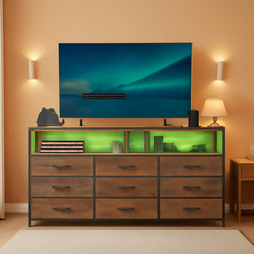 55" W Dresser for Bedroom with 9 Drawers, LED TV Stand with Power Outlets for 45, 55, 65 Inch TV, Sturdy Long Chest of Drawers with Extra 2 Wooden Shelves, Rustic Brown