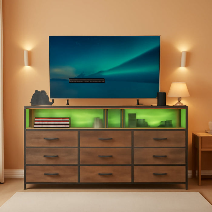 55" W Dresser for Bedroom with 9 Drawers, LED TV Stand with Power Outlets for 45, 55, 65 Inch TV, Sturdy Long Chest of Drawers with Extra 2 Wooden Shelves, Rustic Brown