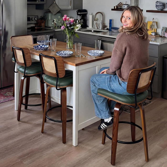 Swivel Bar Height Stools, Mid Century Modern Bar Stools with Curved Back | Solid Bentwood Frame, Walnut Finish, Cane Back, PU Leather Upholstered Seat, Kitchen Barstools for Bar, Cafe, Pub, Restaurant
