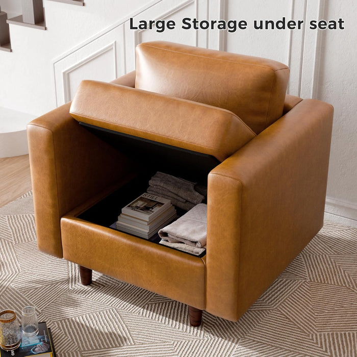 Faux Leather Oversized Accent Chair with Storage Deep Seat Single Sofa Large Reading Armchair for Living Room Bedroom Office Brown