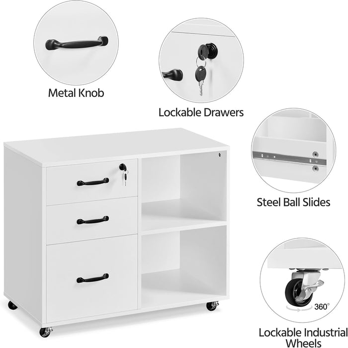 3-Drawer File Cabinet, Mobile Lateral Filing Cabinet Printer Stand with Open Storage Shelves under Desk Organization for Home Office, White