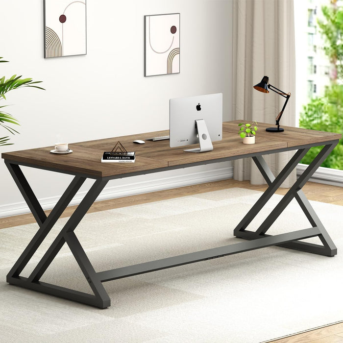 Rustic Large Computer Desk, Industrial Extra Long Home Office Desk, Wood Pc Writing Work Study Computer Table Desk, Farmhouse Workstation Gaming Executive Desk for 2 Person, Rustic Oak, 70 Inch