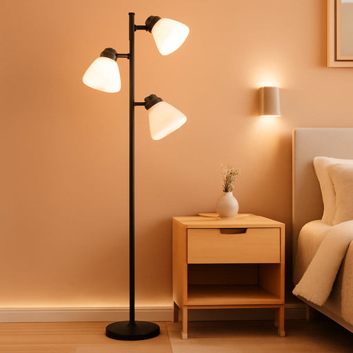 Modern Tree Floor Lamp for Living Room Bedroom, Tall Pole Standing Lamps with 3 Adjustable Rotating Heads for Office, Decor Corner, Reading Indoor, 3 Bright Lights LED Bulbs Included (Black)