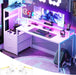 Gaming Desk with LED Strip & Power Outlet, 59Inch Reversible Computer Desk with Monitor Stand & Storage Shelves, Home Office Desks with Fabric File Drawer, Gamer Table PC Desk, White